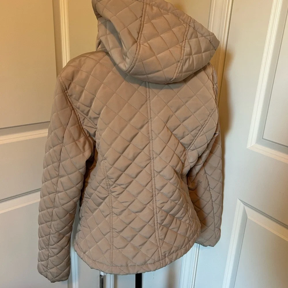 Beige Calvin Klein hooded zip up, puffer jacket with fur lining
